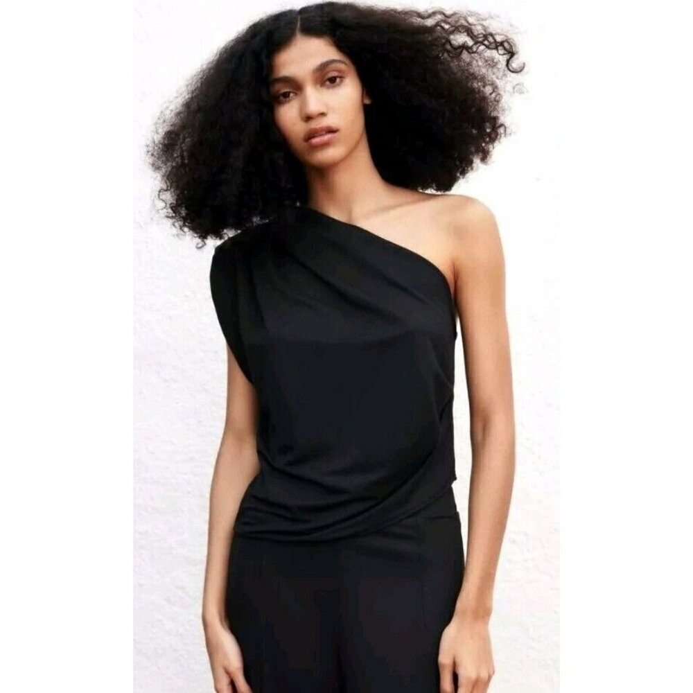 Zara  Draped Top One Shoulder Black Women’s Size Small 4770 036